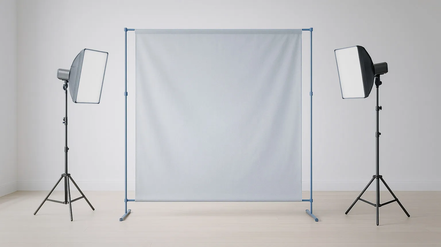 Photo booth backdrop on a weighted stand, rigged and lit beside a booth at an event