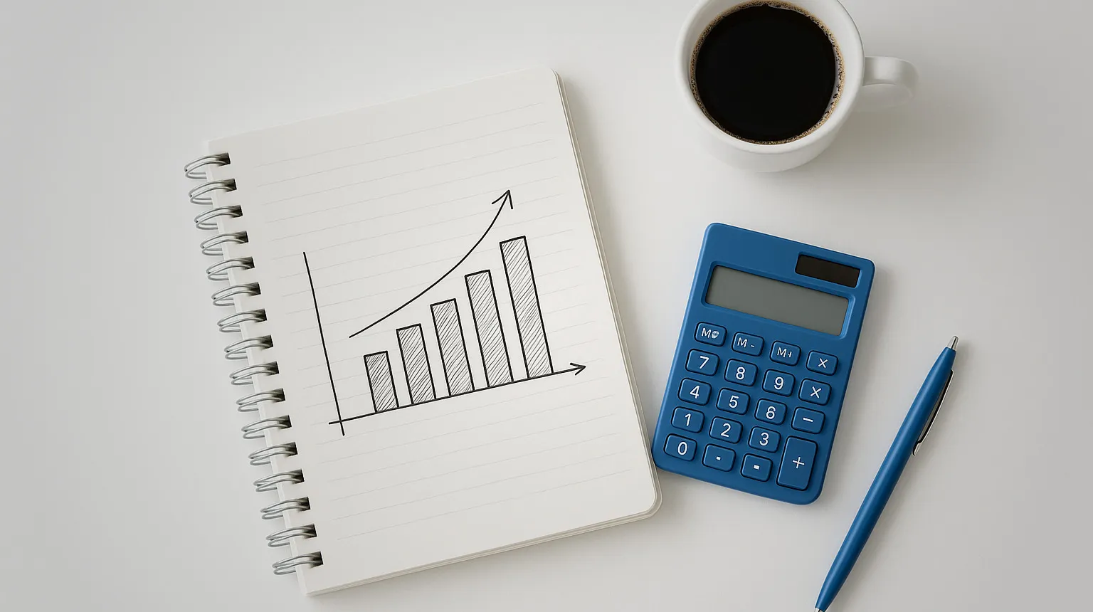 A notebook with a hand drawn revenue chart, a calculator and a pen