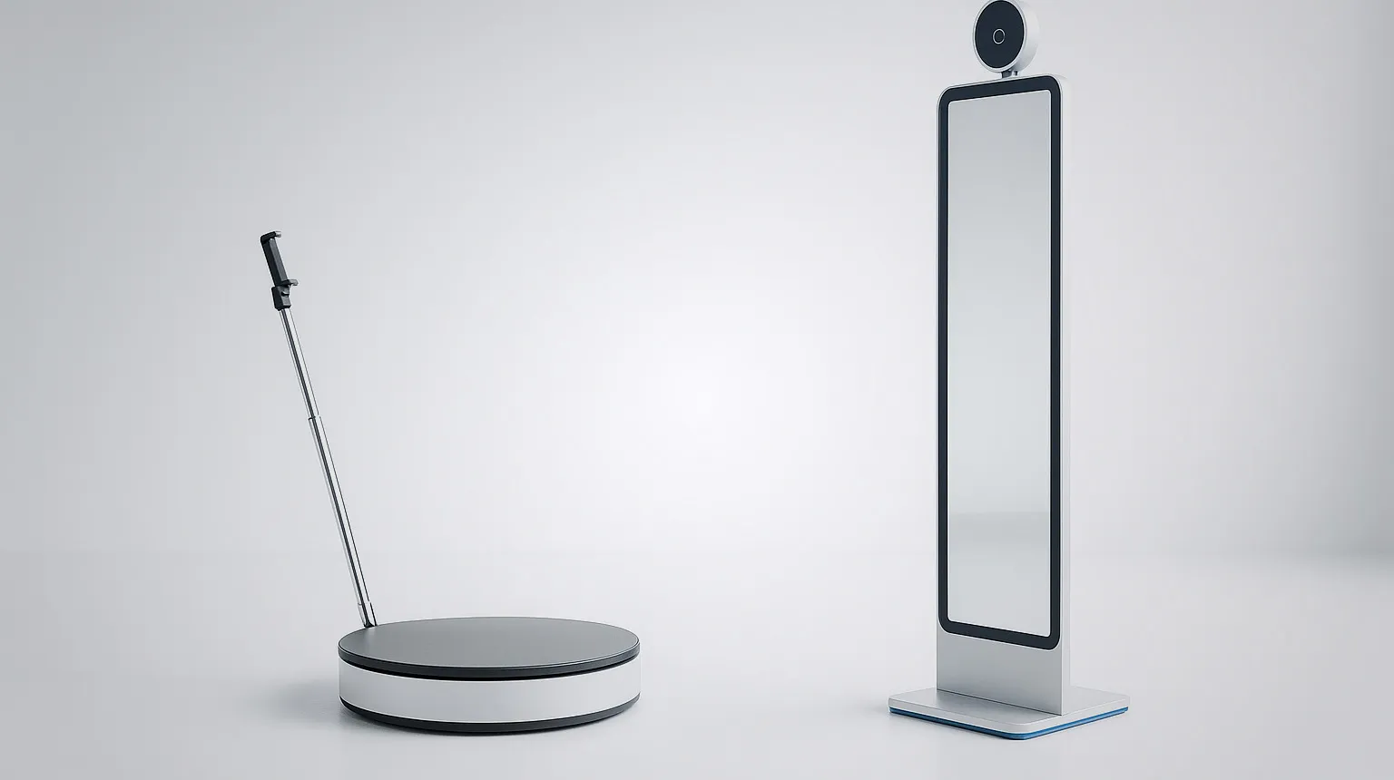 A 360 spinning platform and a mirror photo booth in a bright studio