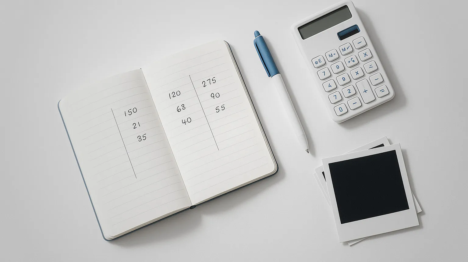 Notebook with pricing figures, a calculator and blank photo prints on a light desk
