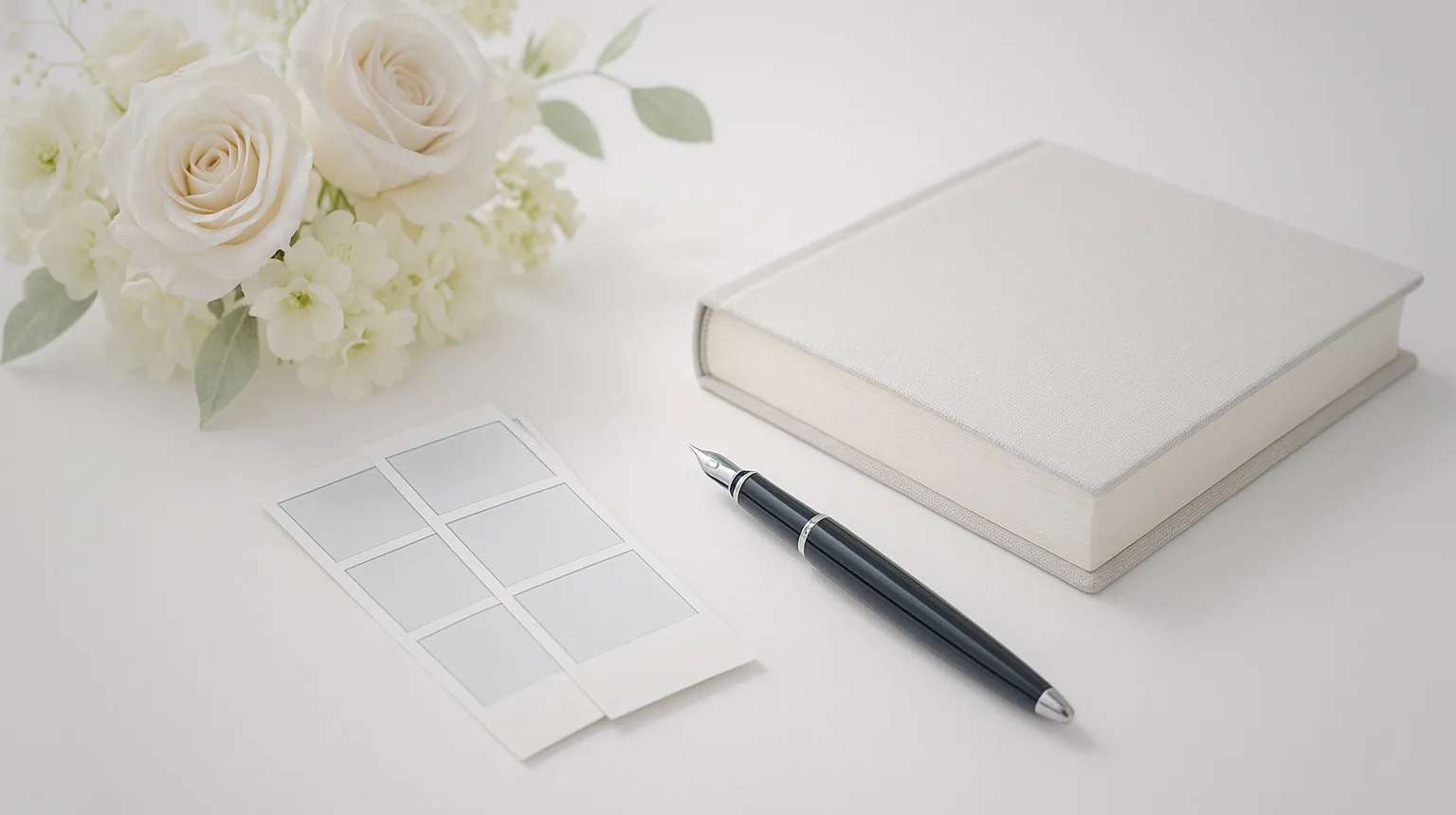 A wedding table with photo strips, flowers and a guest book