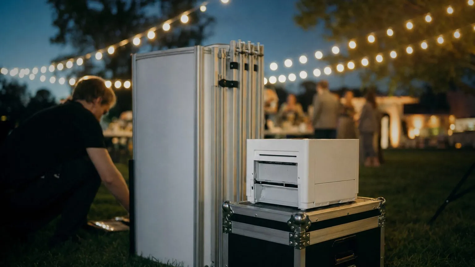 Compact dye sublimation photo printer on a flight case at an outdoor evening event