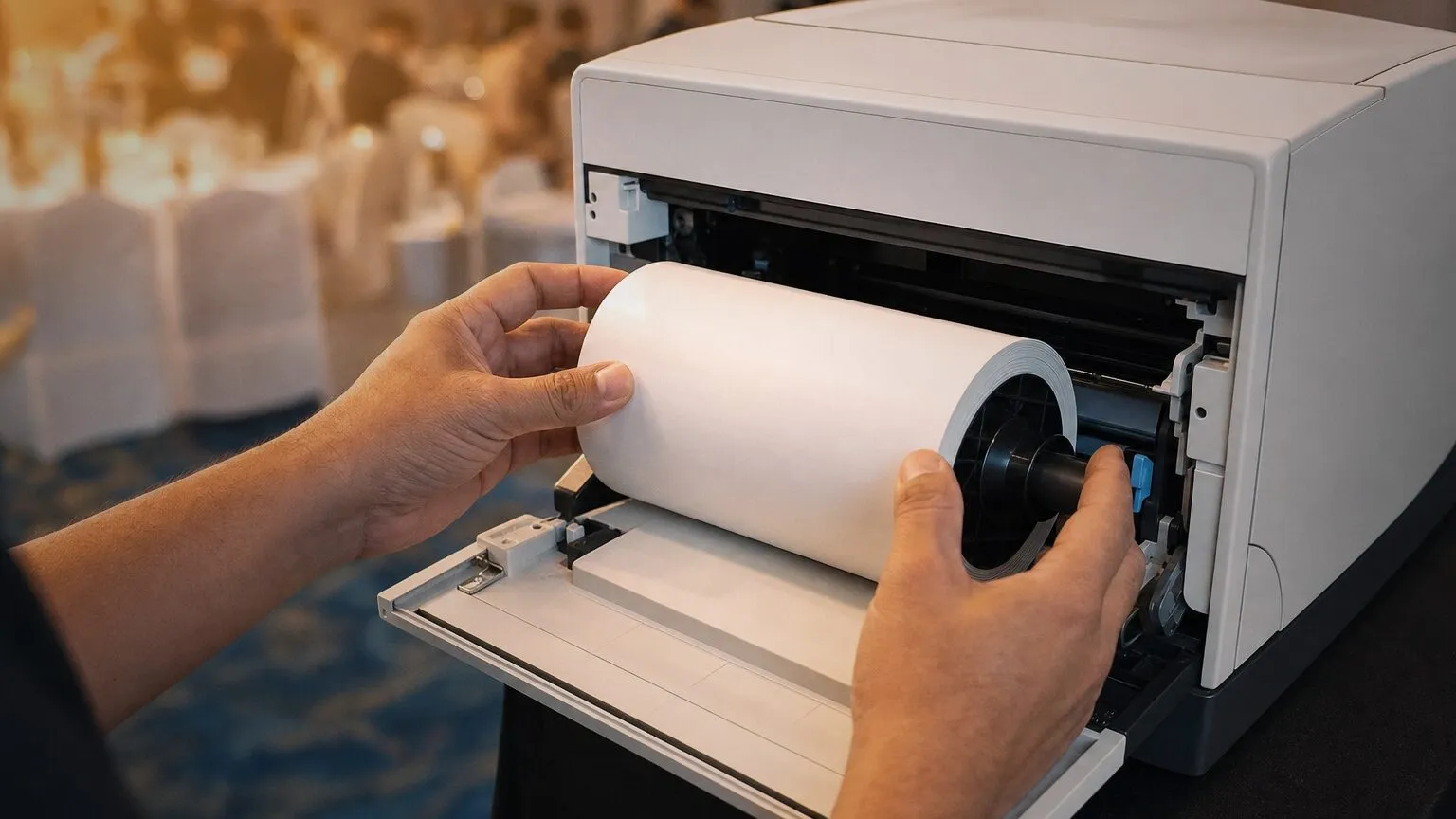 Hands loading a roll of paper into the media bay of a dye sublimation photo printer