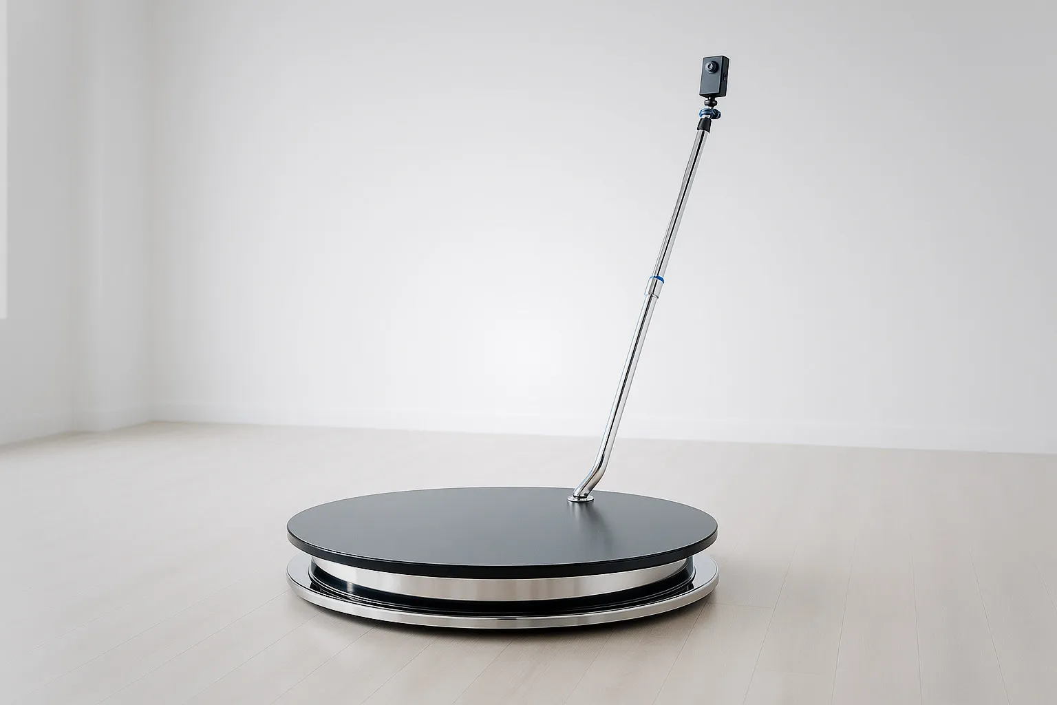 360 photo booth platform with infinity mirror glass base, ready for an event