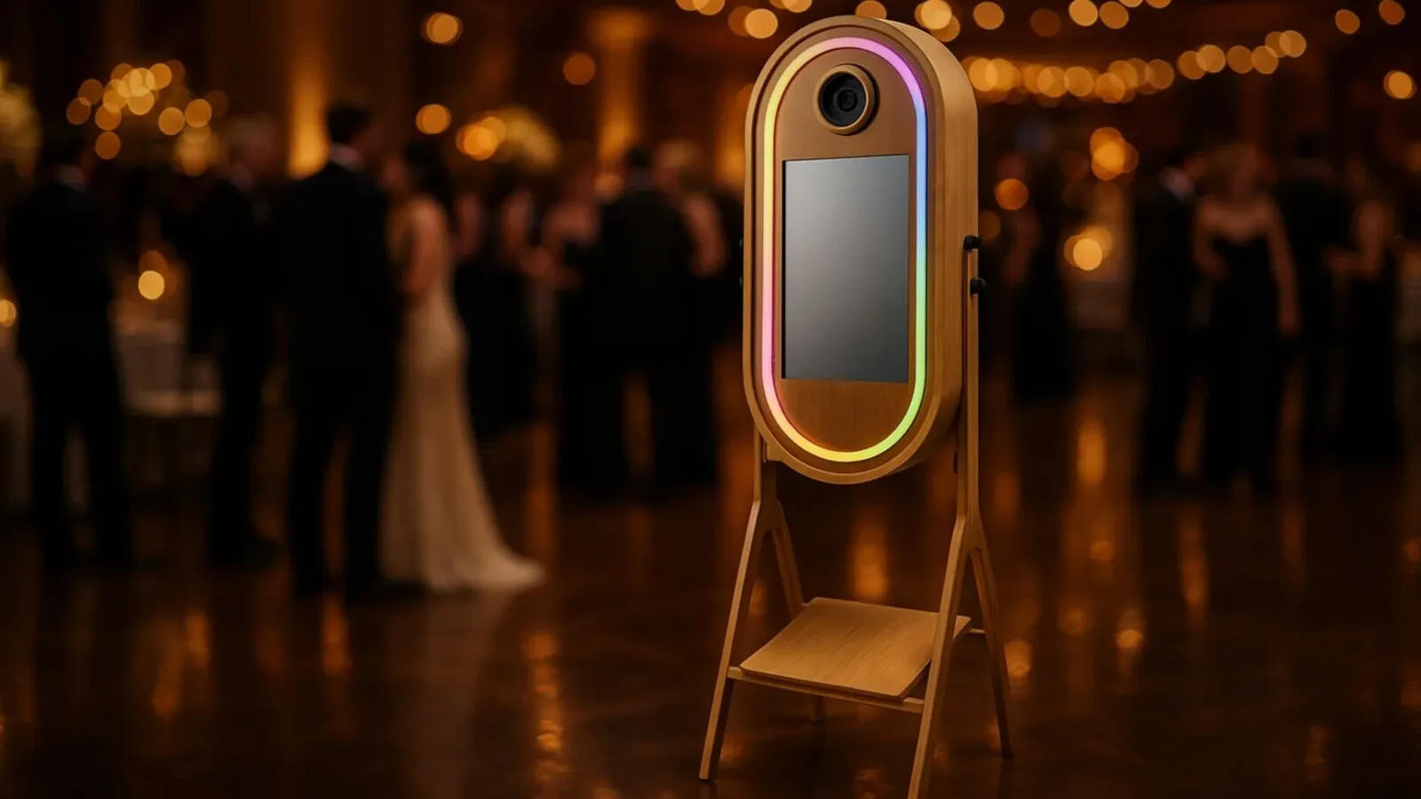 Gold framed mirror photo booth waiting for guests in a wedding venue