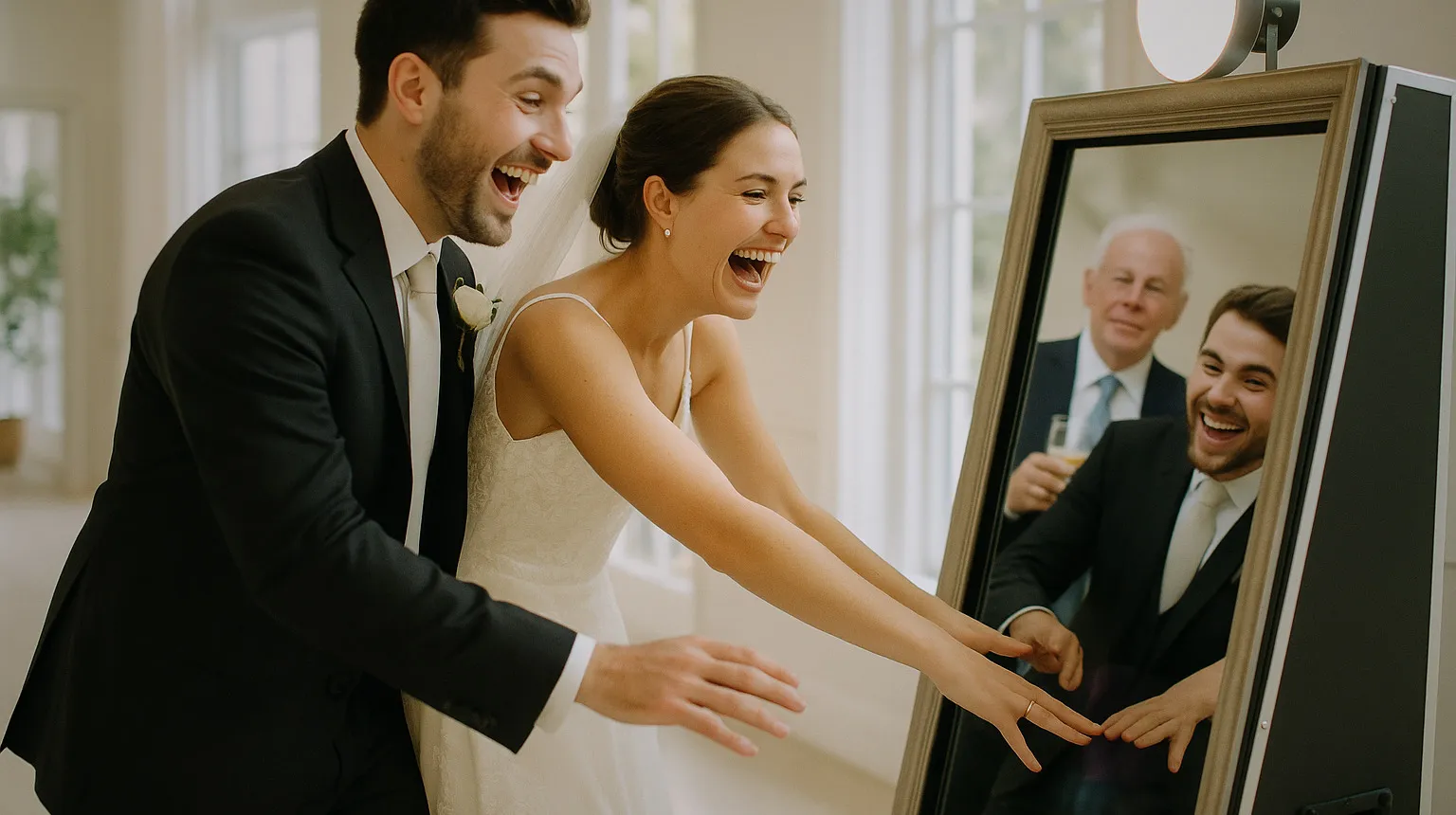 Una coppia ride davanti a un photobooth specchio durante il proprio matrimonio