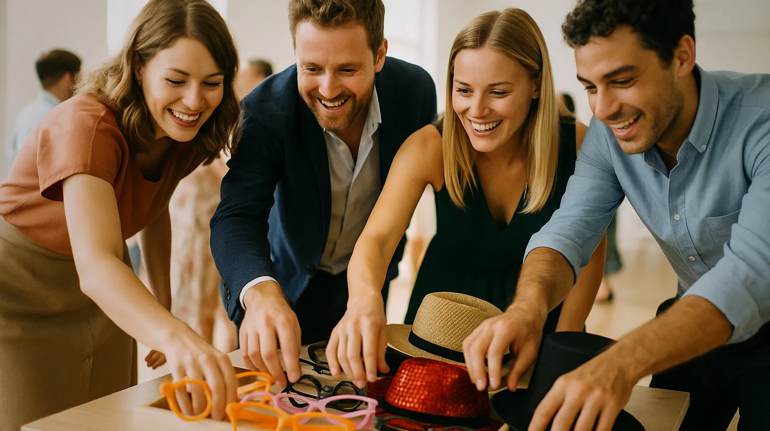 Guests choosing glasses and hats from a props tray at a party
