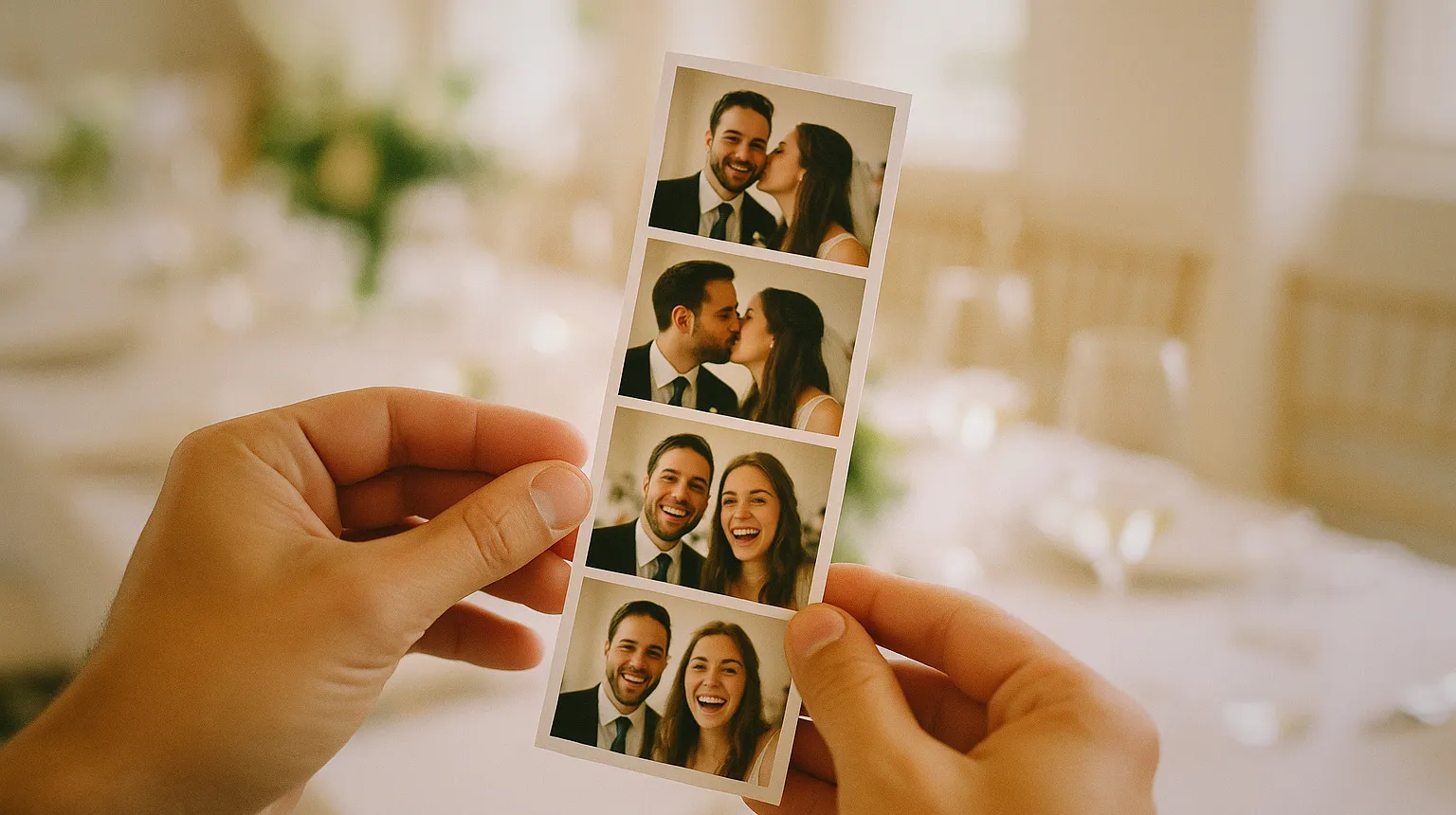 Dwie dłonie trzymające świeżo wydrukowany pasek zdjęć z fotobudki z szablonem eventu