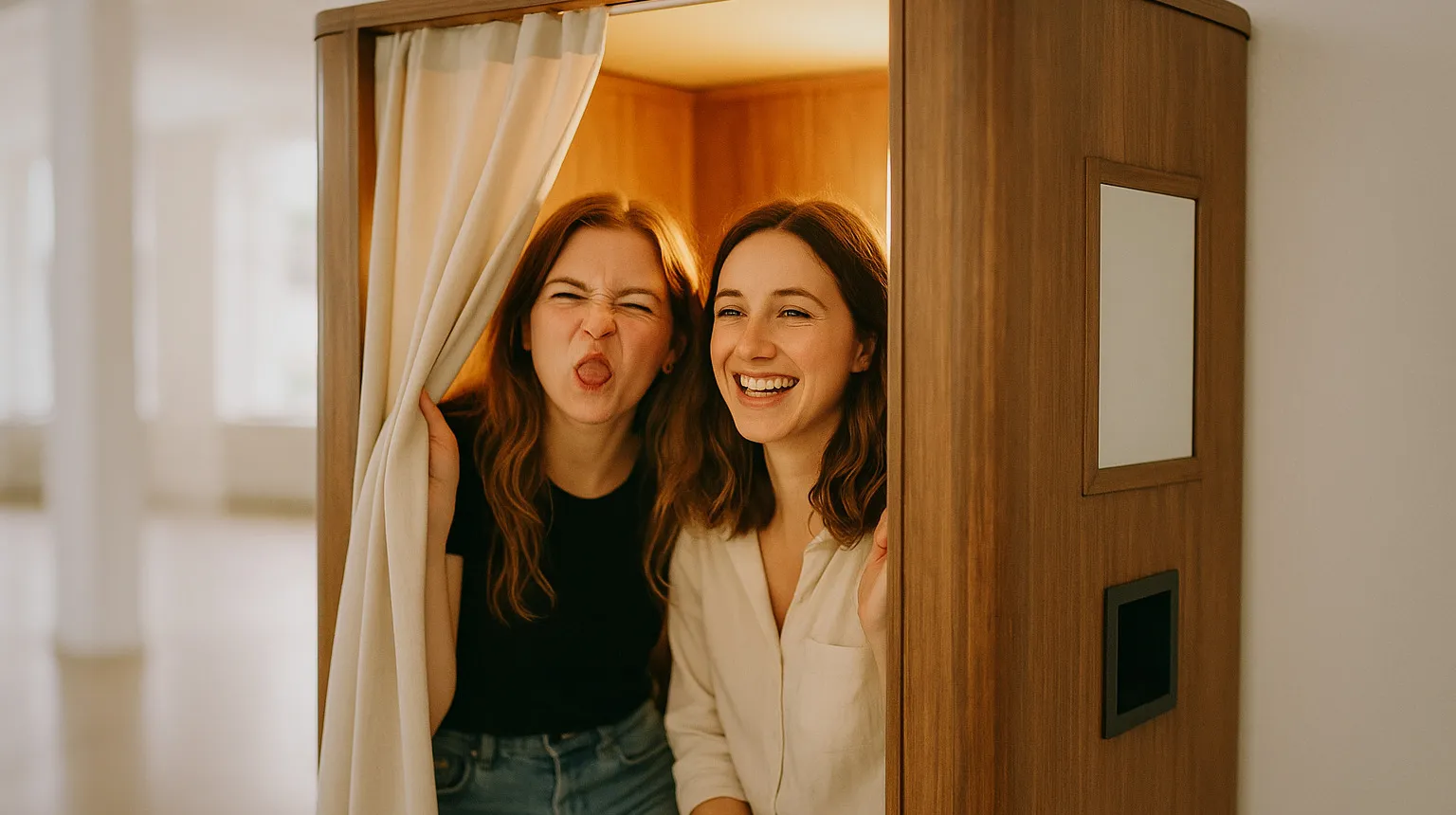 Deux amis serrés dans la cabine d'un photomaton rétro, en train de rire pendant la pose