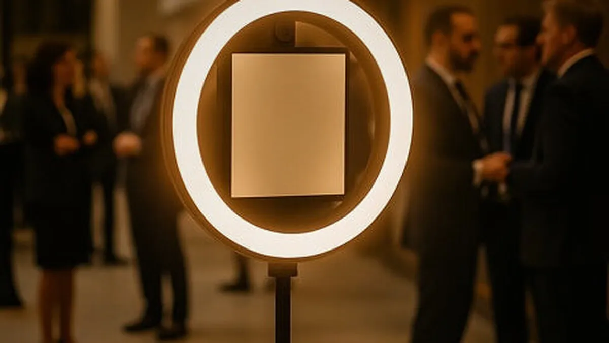 Corporate event guests in suits posing in front of a photo booth