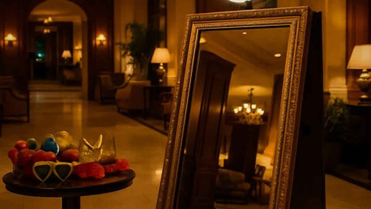 Mirror photo booth with a props table set up in a hotel lobby