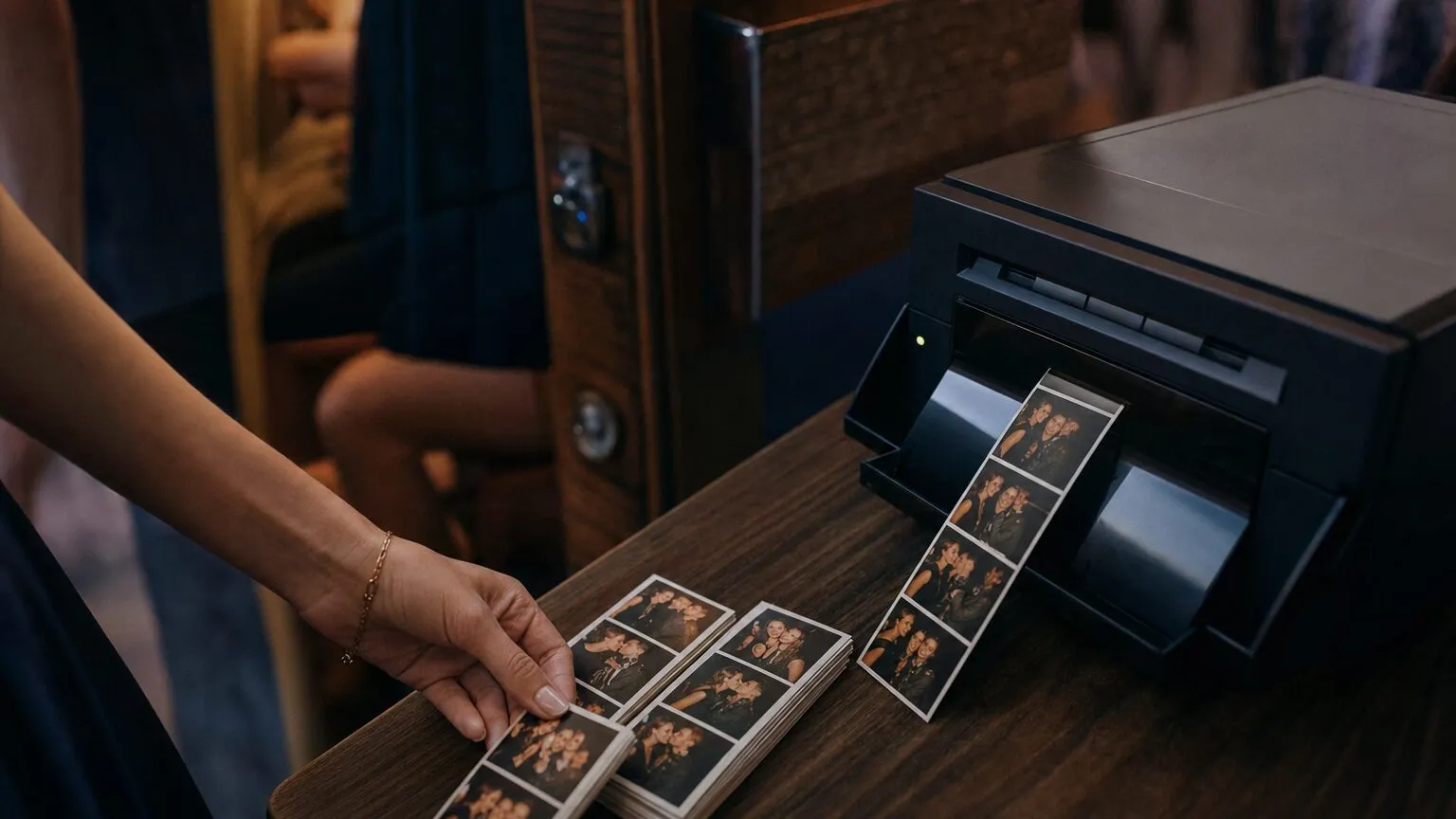 Photo strips coming out of a dye sublimation printer beside a vintage photo booth cabinet