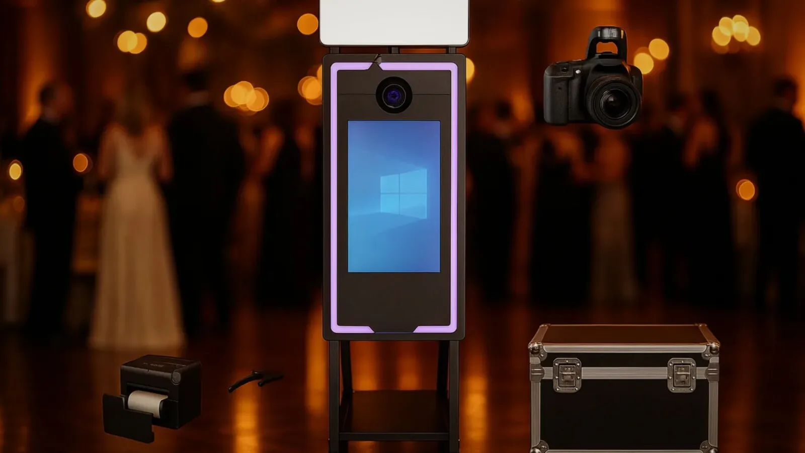 Photo booth totem with camera and printer set up in a venue