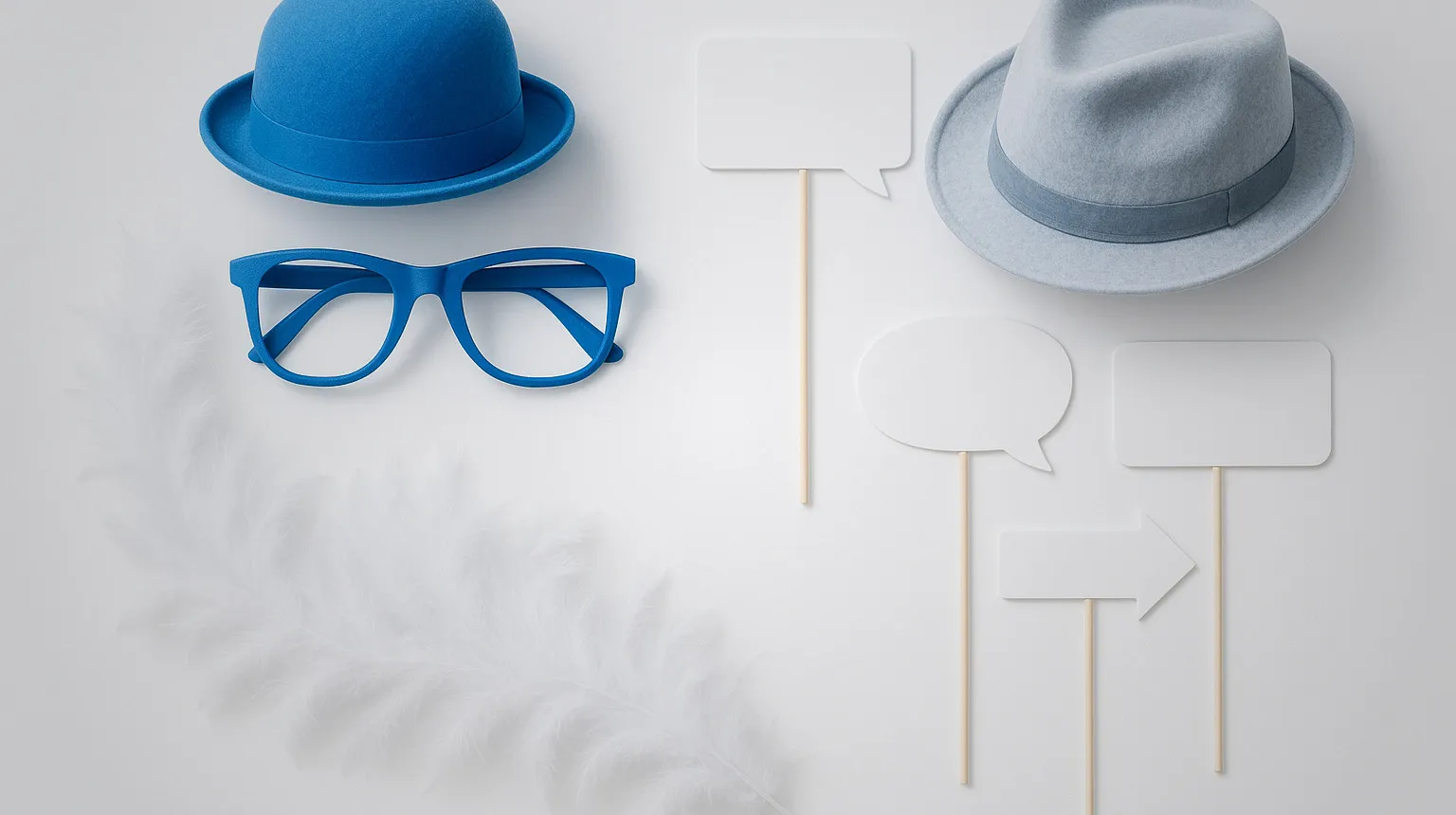 Professional photo booth props kit laid out: glasses, hats, signs and boas